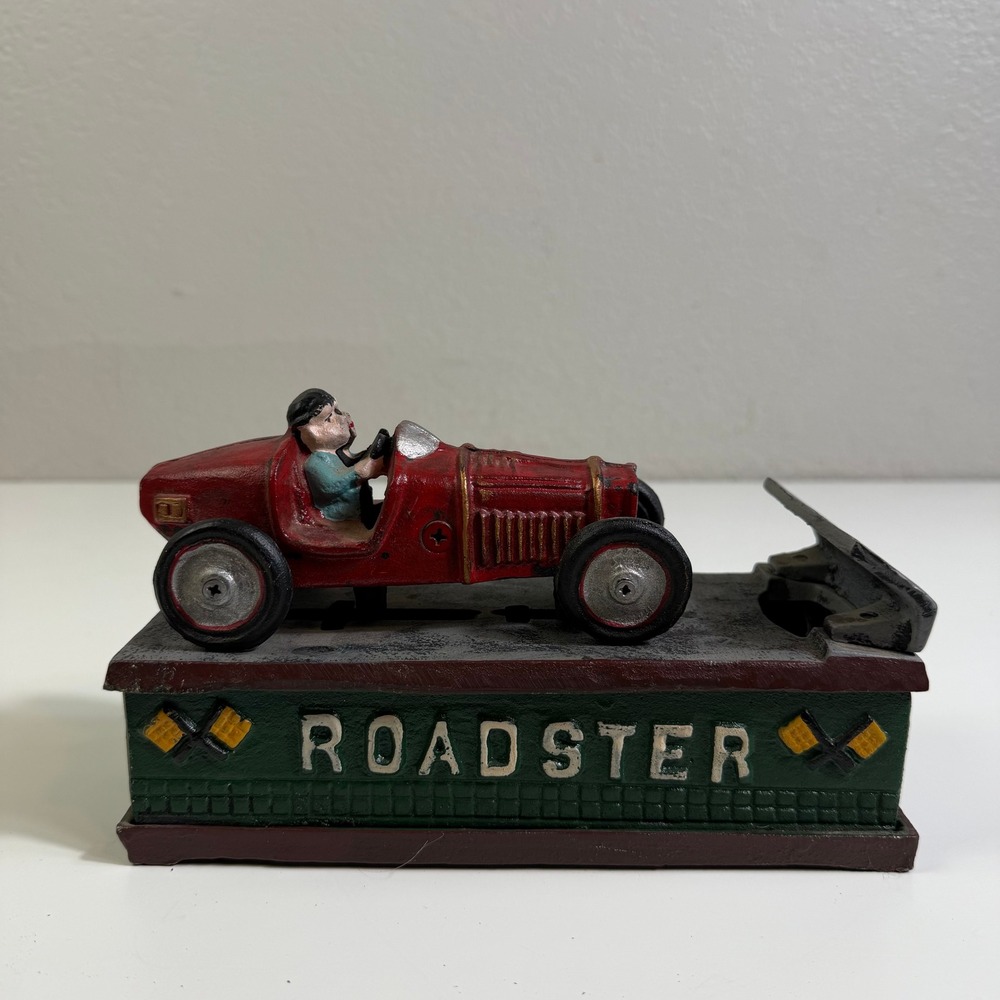Vintage Cast Iron Roadster Mechanical Coin Bank Red Racing Car Toy Novelty